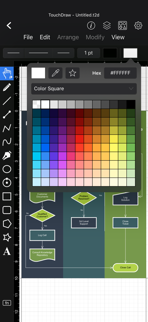 TouchDraw 2 - TouchDraw 2 interface showing a professional flowchart and color palette