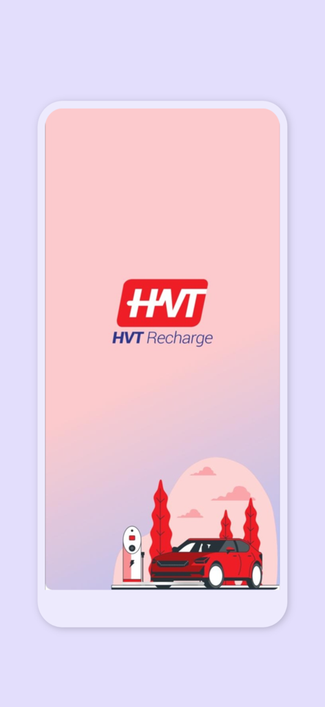 HVT - 충전소 일러스트 앞에 있는 빨간색 전기차를 보여주는 HVT Recharge 앱 시작 화면