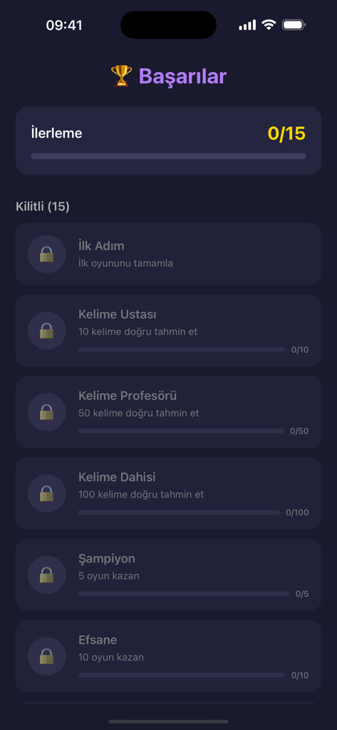 Tabu - Kelime Oyunu - Una captura de pantalla de la sección de logros en la aplicación del juego de palabras turco Tabu que muestra una lista de desafíos bloqueados.