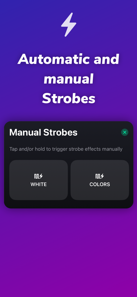iLightShow for Philips Hue - Manual strobe control interface in the iLightShow app featuring white and color options