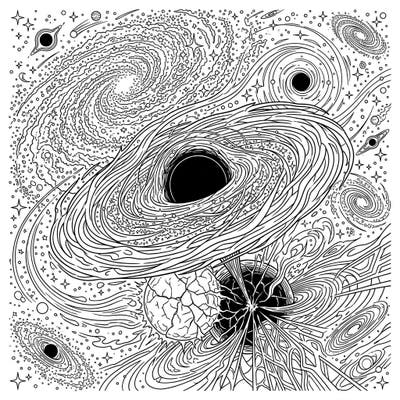 Unleash your creativity with this fascinating coloring page featuring intricate stellar black holes and the vastness of space, specifically designed to captivate teen colorists. Discover the wonders of gravitational collapse and cosmic phenomena as you bring this detailed celestial scene to life.