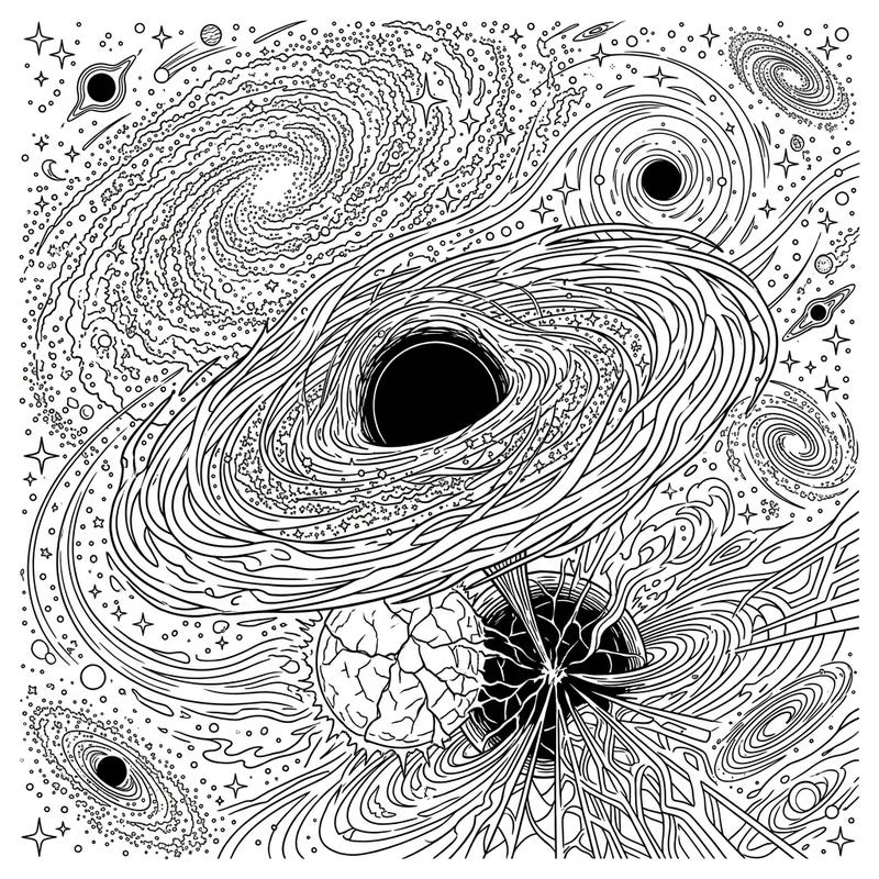 Unleash your creativity with this fascinating coloring page featuring intricate stellar black holes and the vastness of space, specifically designed to captivate teen colorists. Discover the wonders of gravitational collapse and cosmic phenomena as you bring this detailed celestial scene to life.