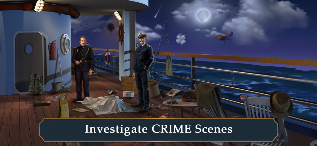 Mary's Mystery: Hidden Object - Investigation of a crime scene on a ship deck at night in Marys Mystery hidden object game