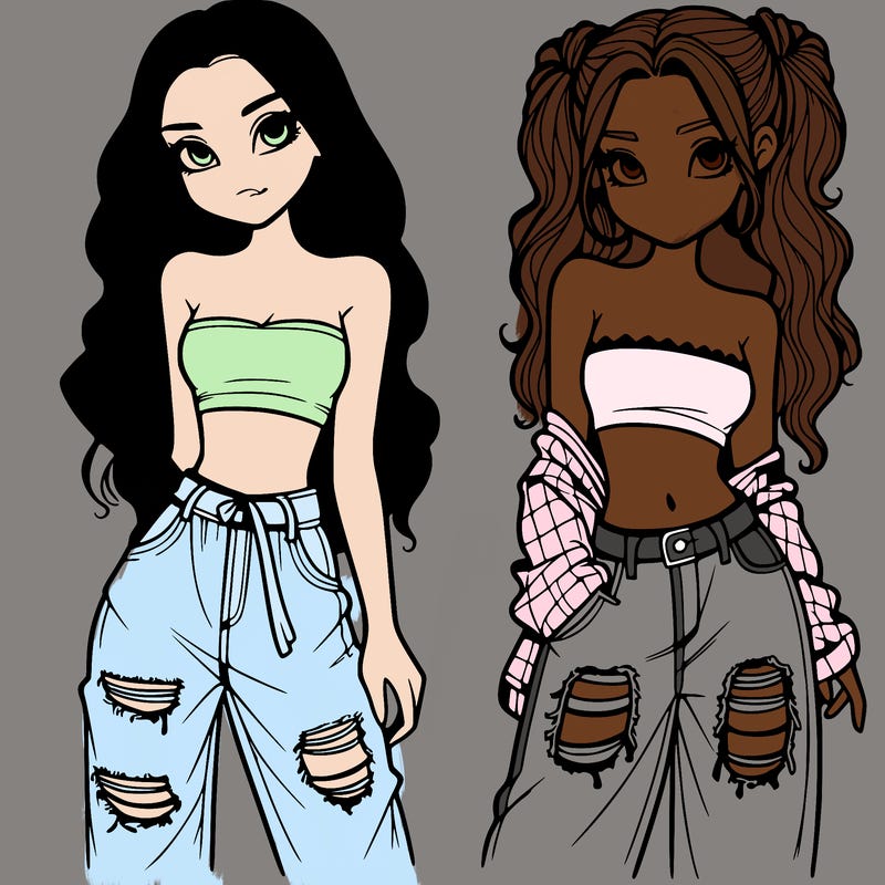2 girls in crop tops and baggy jeans ripped