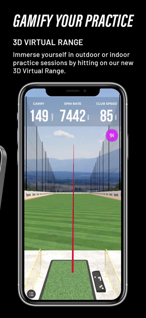 Aplicativo Rapsodo MLM mostrando um campo de golfe virtual 3D com dados de swing e rastreador de tacada
