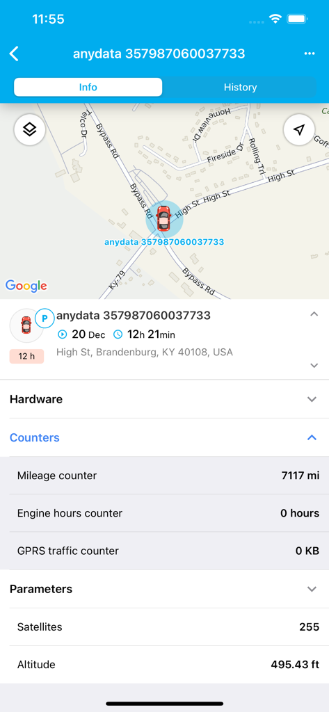 MiFleet Drive - MiFleet Drive app interface displaying real-time vehicle location on a map with telematics data including mileage and engine hours