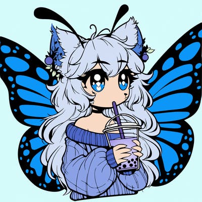 a realistic butterfly/furry girl drinking boba