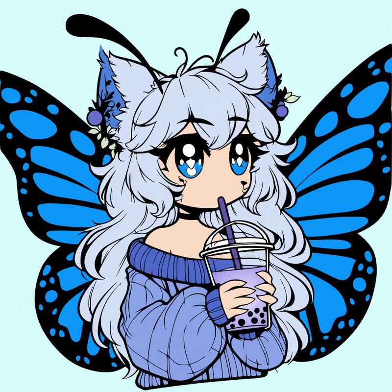 a realistic butterfly/furry girl drinking boba