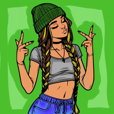 realistic teenage girl with braids and a beanie and crop top doing 🫶🏼