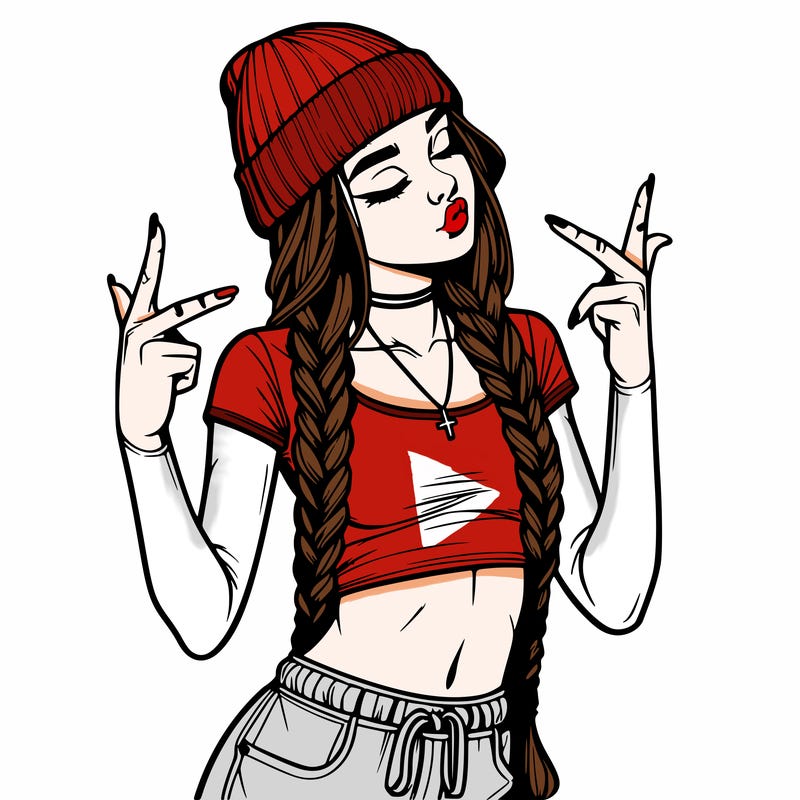 realistic teenage girl with braids and a beanie and crop top doing 🫶🏼