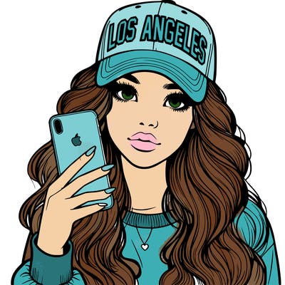 realistic beautiful girl wearing los ángeles cap holding an iphone