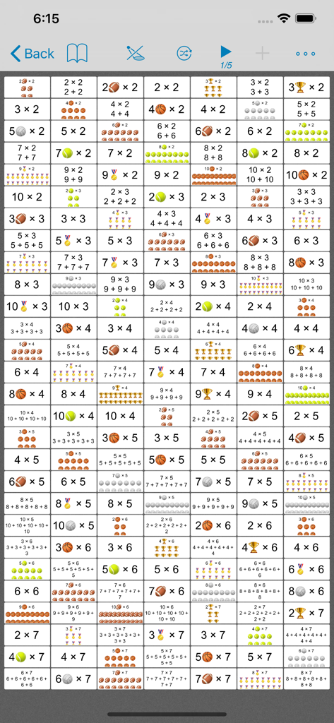 Flashcards by NKO: Flash Cards - A screen displaying a grid of multiplication flashcards with visual emoji aids for learning math.