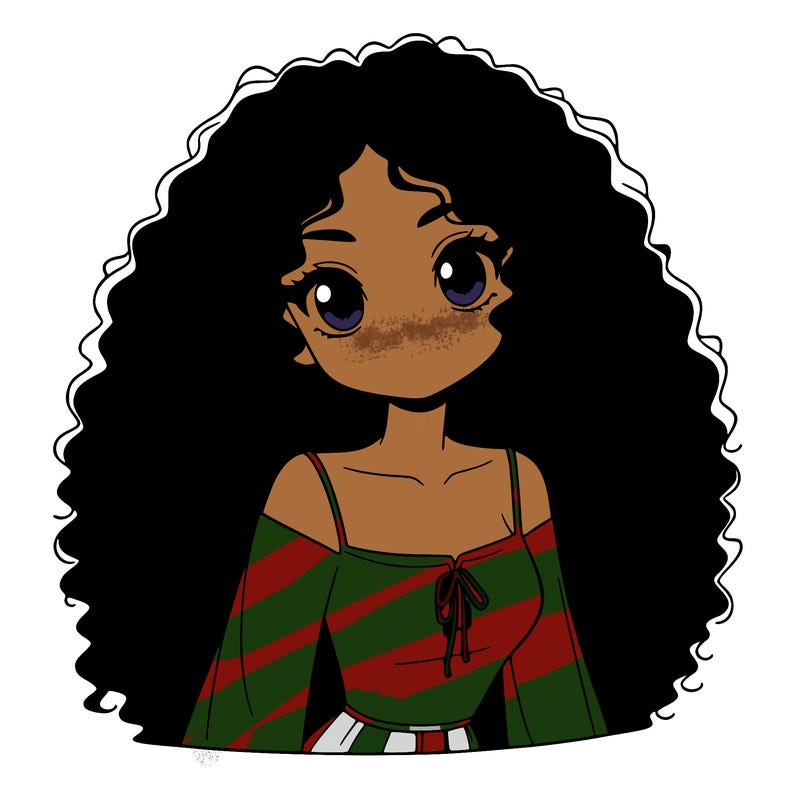 a black anime girl with long afro hair