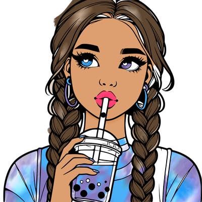 realistic girl with braided hair drinking boba