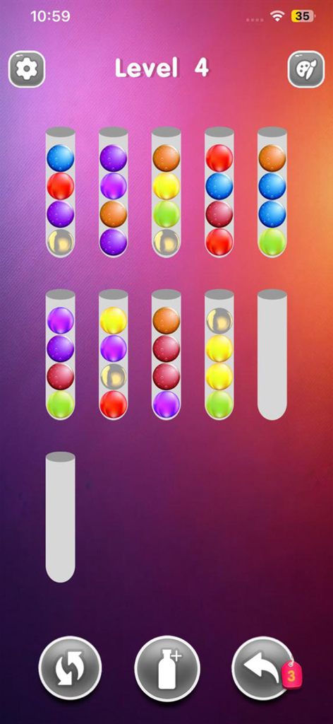 Ball Sort : Puzzle Color Game - Level 4 gameplay screenshot of Ball Sort Puzzle Color Game featuring colored balls in glass tubes