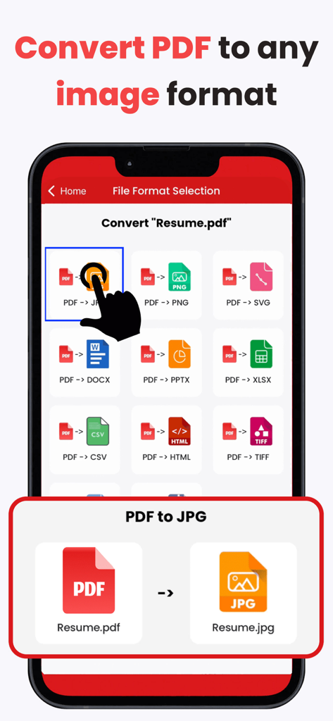 PDF Converter to WORD,JPEG,SVG - Interface of a PDF converter app showing options to convert a resume file into JPG, PNG, and SVG formats.