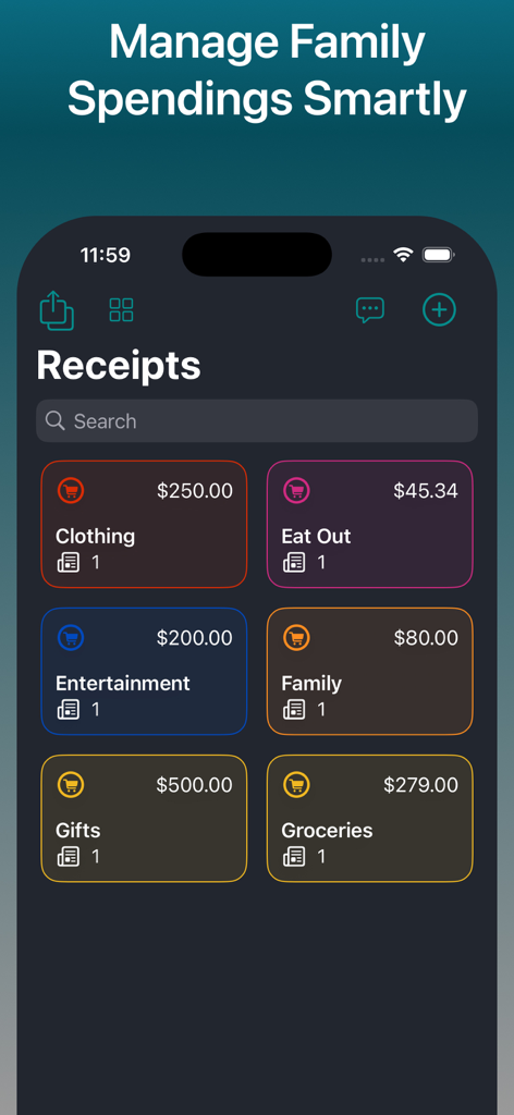 Smart Scan Receipts: Receiptly - Panel de la aplicación Receiptly mostrando varias categorías de gastos como ropa, comestibles y entretenimiento con montos totales de gasto