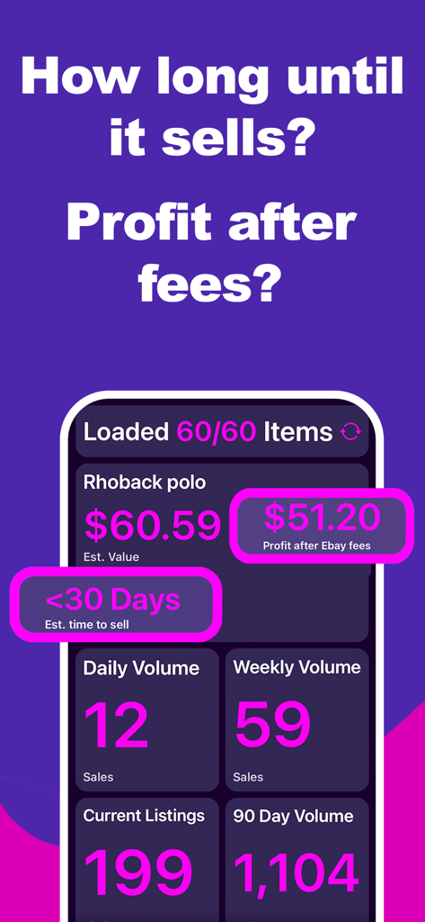 Thrift - Ebay & Seller Tools - ThriftMagic app interface displaying estimated resale value profit after fees and sales volume statistics for an item