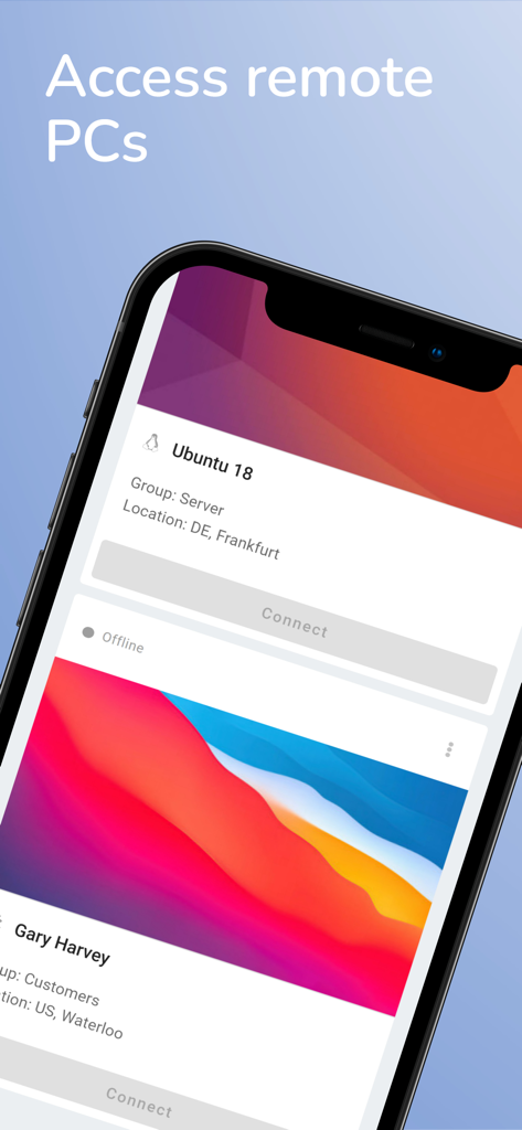 RemSupp - Remote Desktop - Interfaz de la app RemSupp Remote Desktop en iPhone mostrando una lista de conexiones de PC remotas