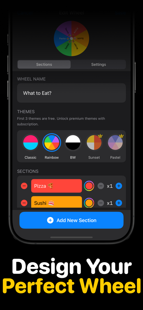 Wheel Spinner - Tiny Decision - Schermata "Progetta la tua ruota perfetta" nell'app Rotella dei Giri che mostra la personalizzazione di una ruota decisionale per il cibo.