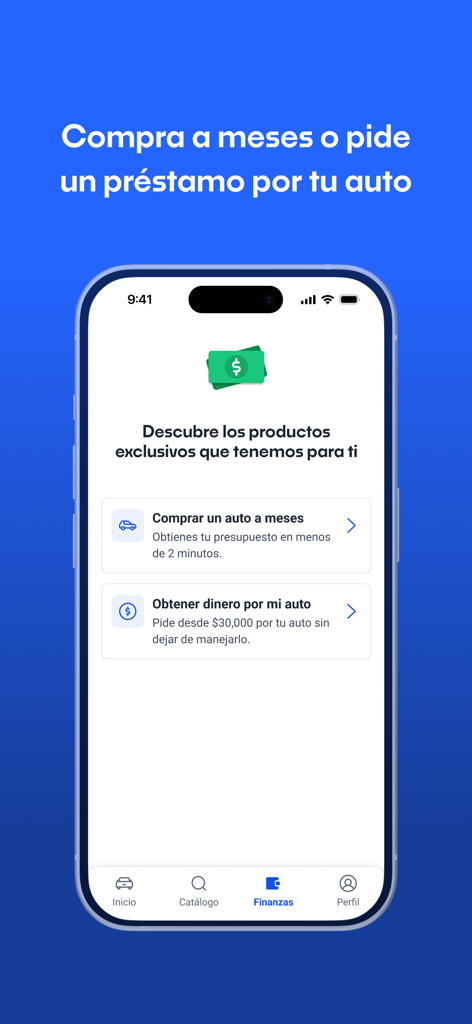 Kavak: Compra y venta de autos - Mobile screen of the Kavak app showing car financing and loan options in Spanish