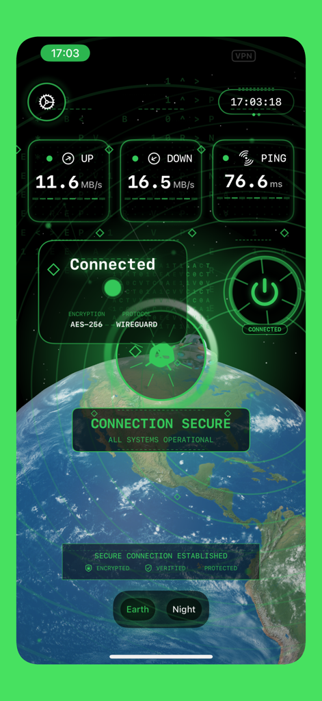 BearVPN app interface showing a secure connection with network speed stats and global map