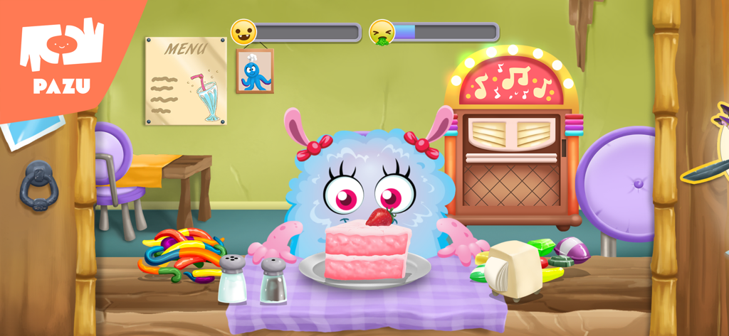 A blue fuzzy monster looking at a slice of pink strawberry cake in the Monster kitchen game