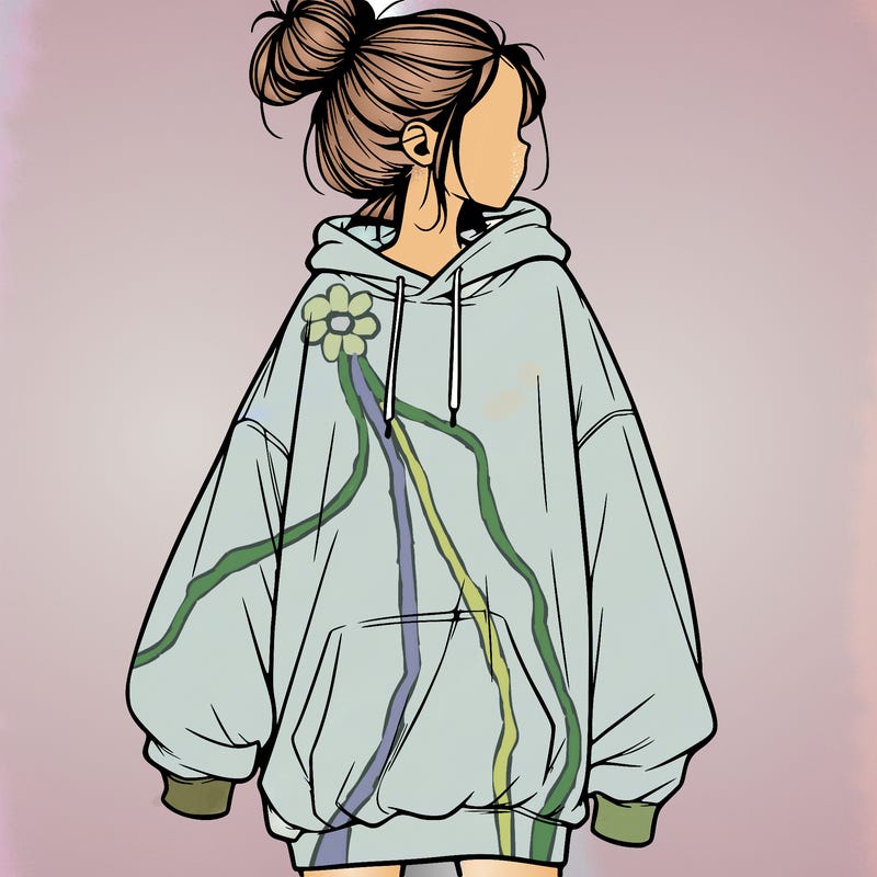 realistic girl with a oversized sweatshirt on and a bun