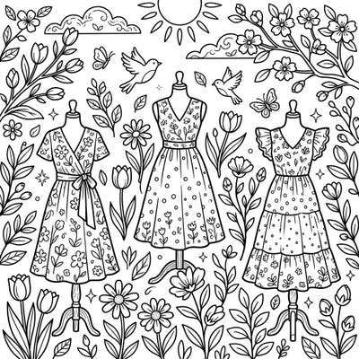 Step into the fresh beauty of spring with this delightful coloring page featuring three stylish midi dresses. Surrounded by blooming flowers, cheerful birds, and sunny skies, this design offers a perfect blend of fashion and nature for a relaxing coloring experience.