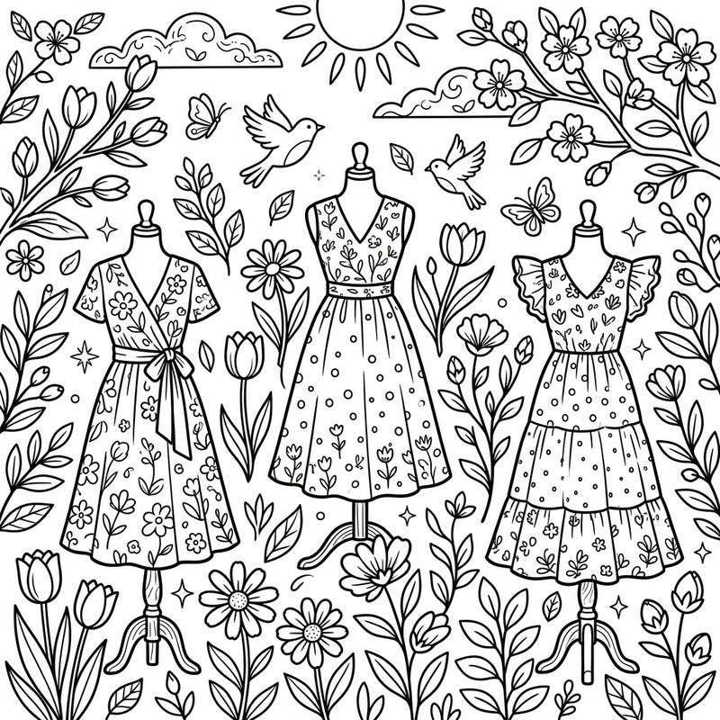 Step into the fresh beauty of spring with this delightful coloring page featuring three stylish midi dresses. Surrounded by blooming flowers, cheerful birds, and sunny skies, this design offers a perfect blend of fashion and nature for a relaxing coloring experience.