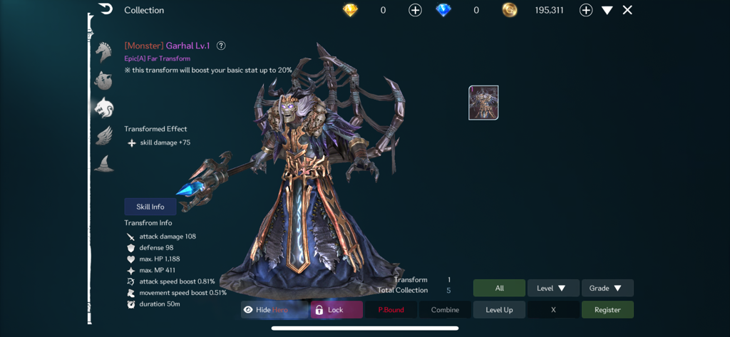 RebirthM - Menu di raccolta personaggi di RebirthM con la trasformazione epica del mostro Garhal con statistiche degli attributi