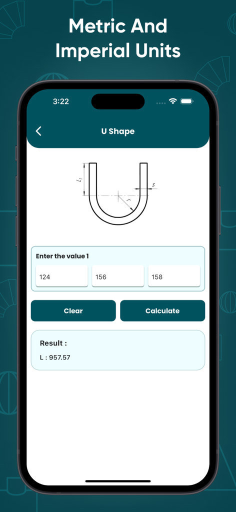 Bending Sheet Metal Calculator - Mobile app screen showing a U-shape sheet metal bending calculation with input fields and numeric results