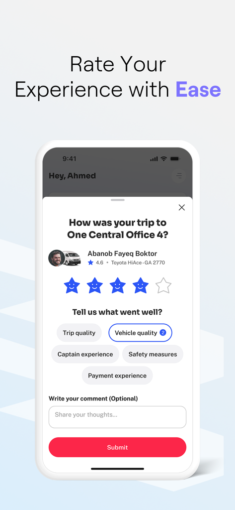 Swvl app interface for rating a trip experience with star ratings and feedback categories