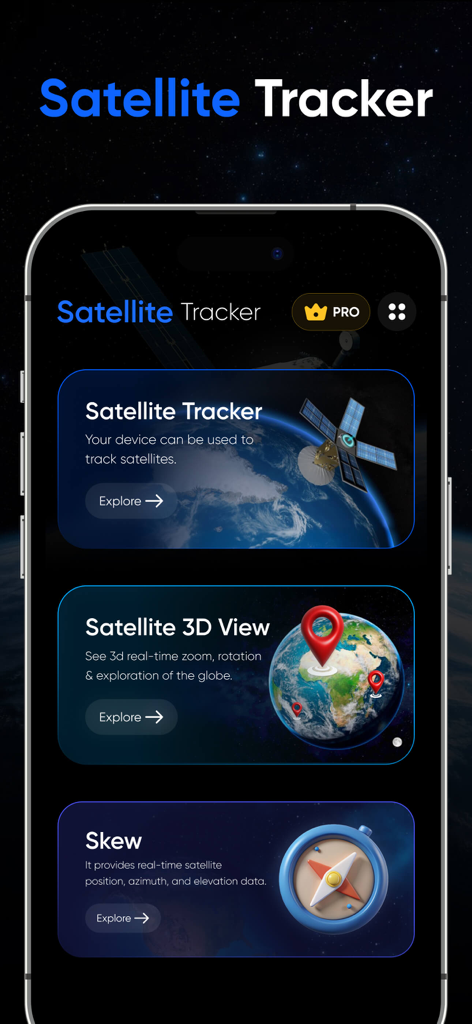 La pantalla de inicio de la aplicación Track Satellite que muestra opciones para Rastreador de Satélites, Vista 3D de Satélites y datos de posición en tiempo real.