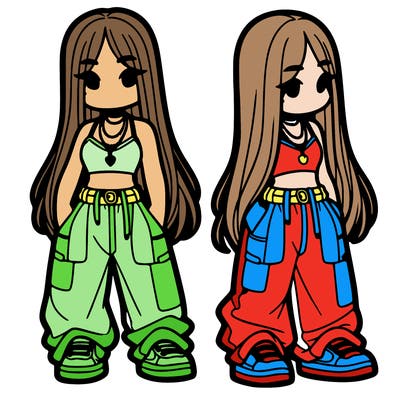 girl in baggy pants crop top and long hair