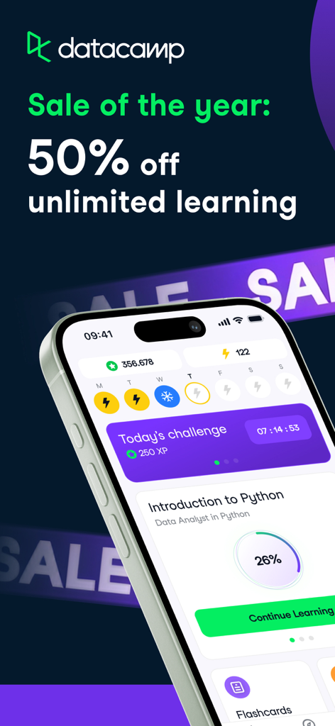 DataCamp mobile App-Oberfläche mit einem Rabattangebot von fünfzig Prozent und dem Fortschritt eines Python-Kurses