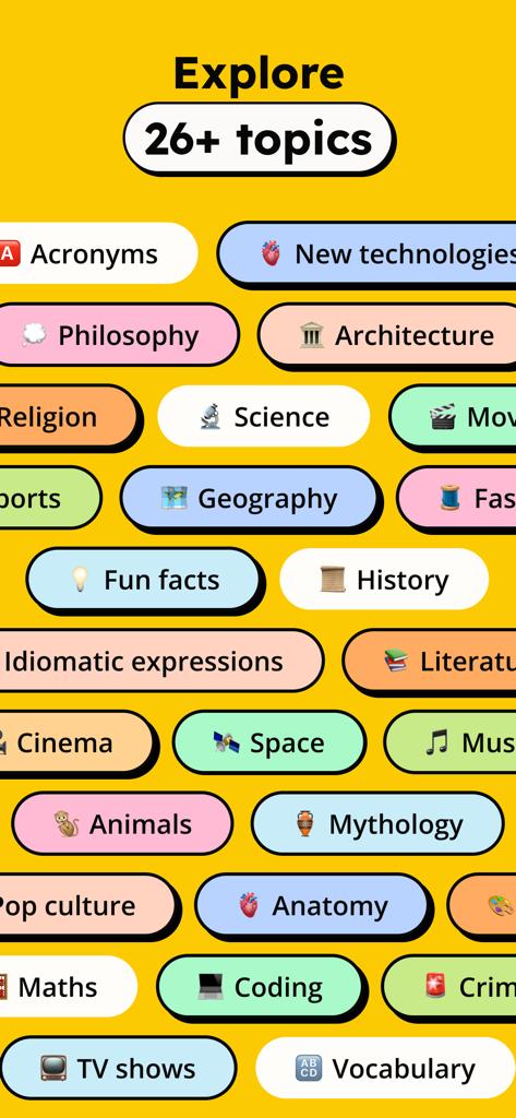 GenK app display of diverse learning topics like science history and pop culture on a yellow background