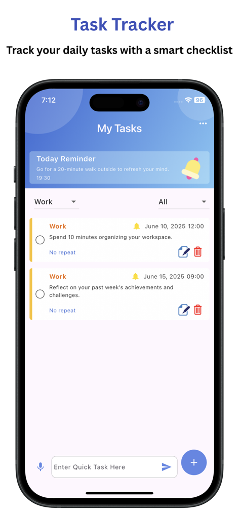 Daily Schedule Planner: Notify - Task Tracker screen of the Daily Schedule Planner app showing work tasks and a daily reminder.