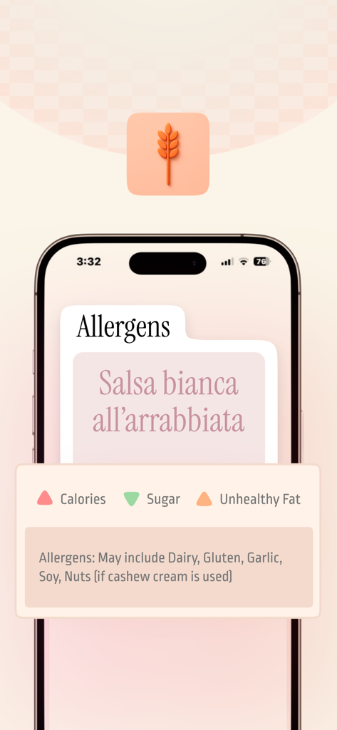 Dishlingo: Food Menu Decoder - Dishlingo app displaying allergen alerts and nutritional insights for a menu item