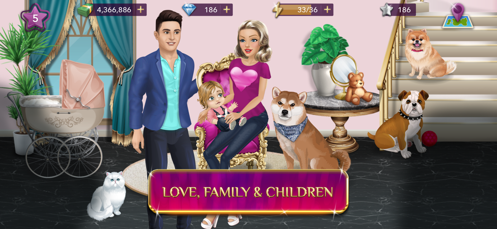 Fashion Queen: Dress Up & Glow - A virtual family with a baby and pets in a luxury living room
