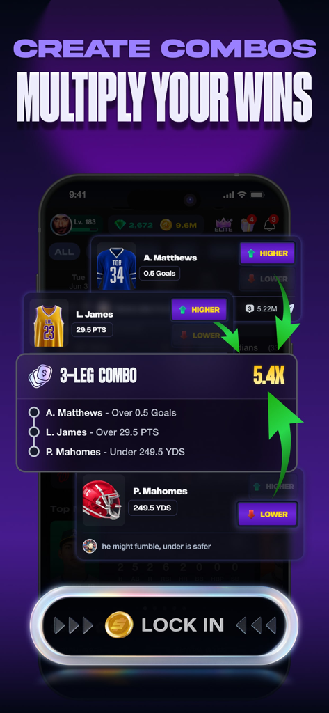 Stadium Live app screen showing a 3-leg prediction combo for sports players