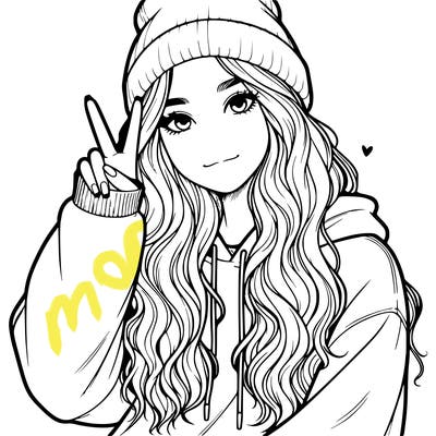 a teenage girl in a beanie, oversized sweatshirt, wavy long hair, and is showing a ✌️
