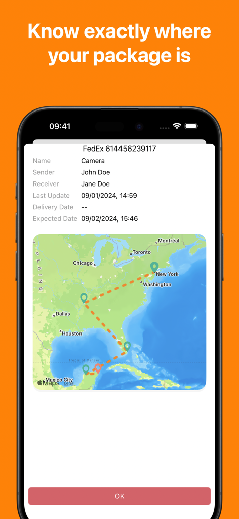 Find My Parcels mobile app displaying a visual map route and tracking details for a FedEx package