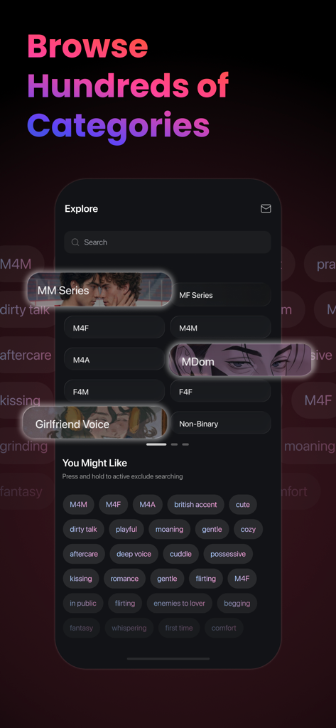 LucidFM app screen showing the explore page with various romantic and ASMR audio categories and tags like enemies to lovers and british accent.