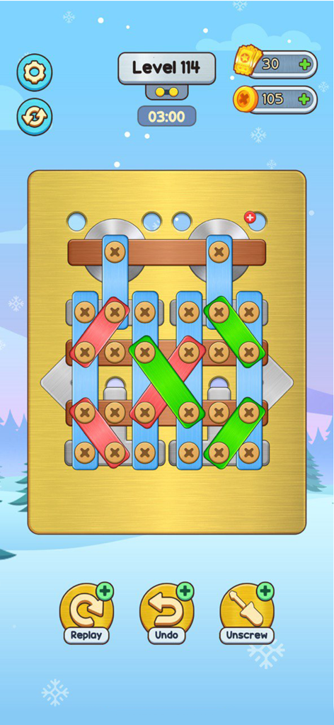 Unscrew Master: Nuts & Bolts - Ein Logik-Rätsel-Level in Unscrew Master, das bunte Metallstangen zeigt, die an einer goldenen Tafel mit Schraubenstiften befestigt sind.