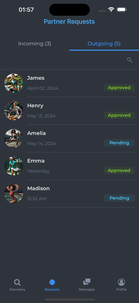 Tennis Partner - Screen showing outgoing tennis partner requests with approved and pending status for different players.