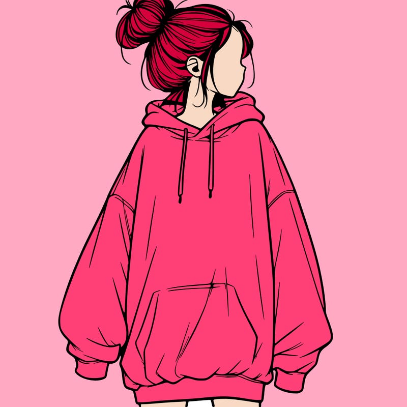 realistic girl with a oversized sweatshirt on and a bun