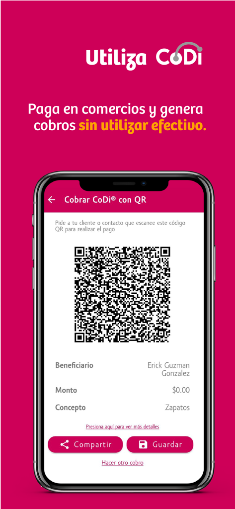 Interfaz de la aplicación Compartamos Móvil mostrando un código QR para pagos digitales vía CoDi