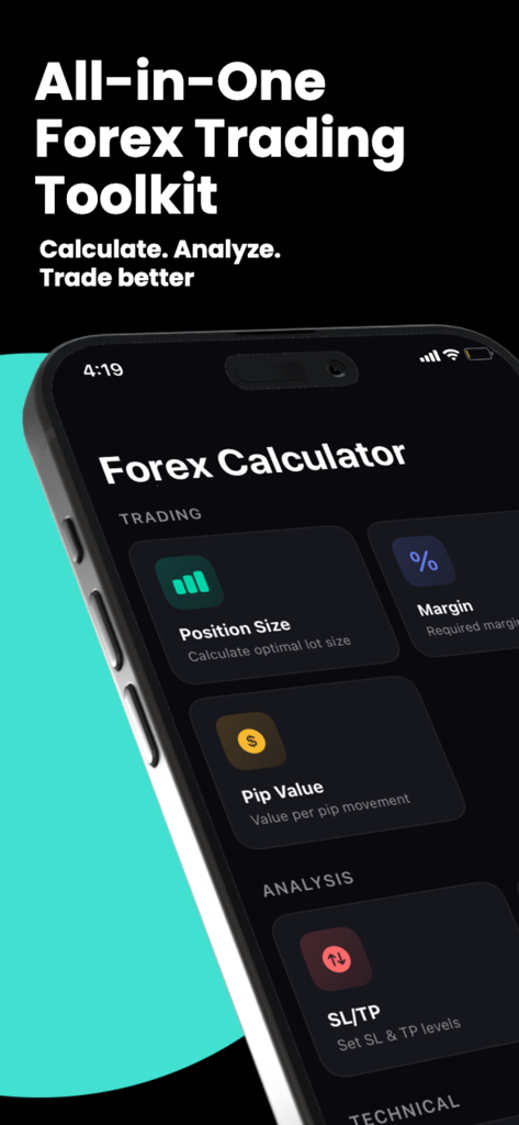 Forex Calculator & Tools - Interfaccia di un'app mobile di un toolkit di calcolatore forex che mostra strumenti per la dimensione della posizione e il valore dei pip su sfondo scuro