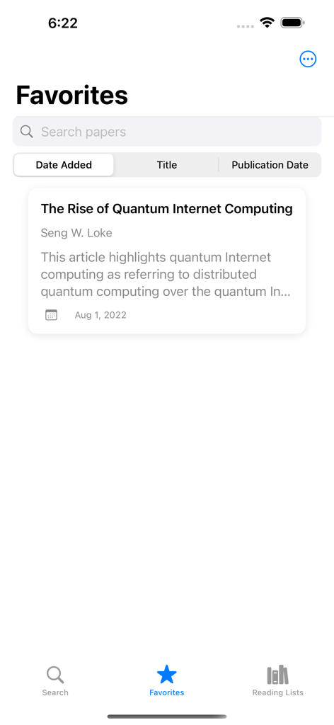 Reader for arXiv - L'onglet Favoris de l'application Reader for arXiv affichant une liste d'articles scientifiques sauvegardés avec des fonctions de tri et de recherche.